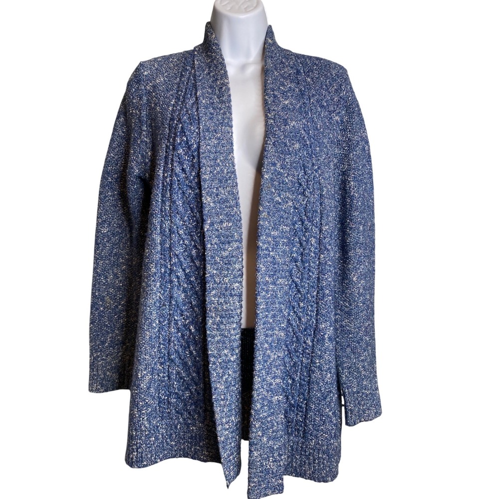 LL Bean Womens Blue Marled Ragg Open Front Cardigan Sz S Petite Coastal Preppy